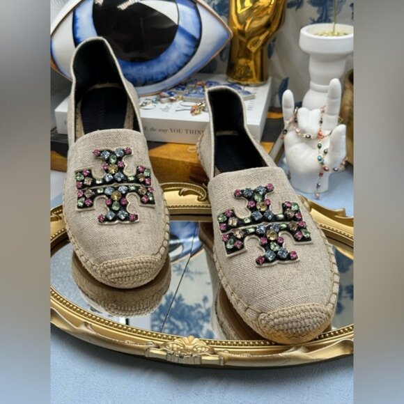 🆕 TORY BURCH 🧿 NWOB Ines Linen & Leather Bejewelled Espadrilles - Sz 8 M - Picture 5 of 11
